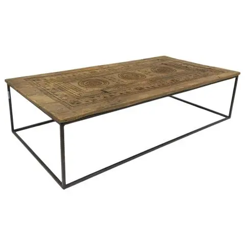 Imagen MESA CENTRO TABLERO TALLADO PIE METALICO 149X75 CM