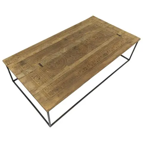 Imagen MESA CENTRO TABLERO TALLADO PIE METALICO 147X79 CM