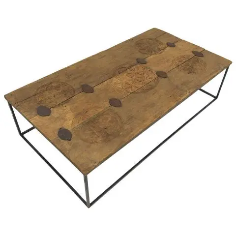Imagen MESA CENTRO TABLERO TALLADO PIE METALICO 149X81 CM