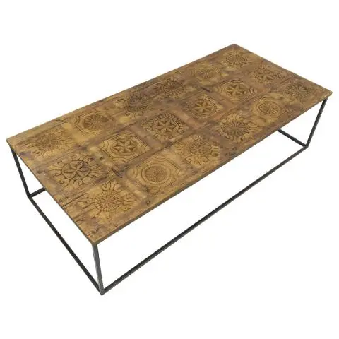 Imagen MESA CENTRO TABLERO TALLADO PIE METALICO 141X67 CM