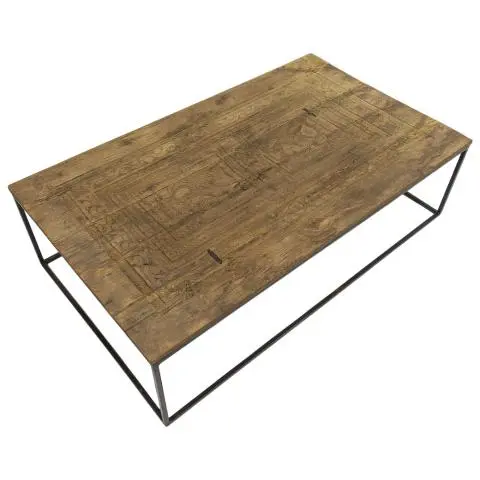 Imagen MESA CENTRO TABLERO TALLADO PIE METALICO 135X80 CM