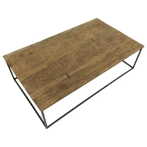 Imagen MESA CENTRO TABLERO TALLADO PIE METALICO 134X80 CM